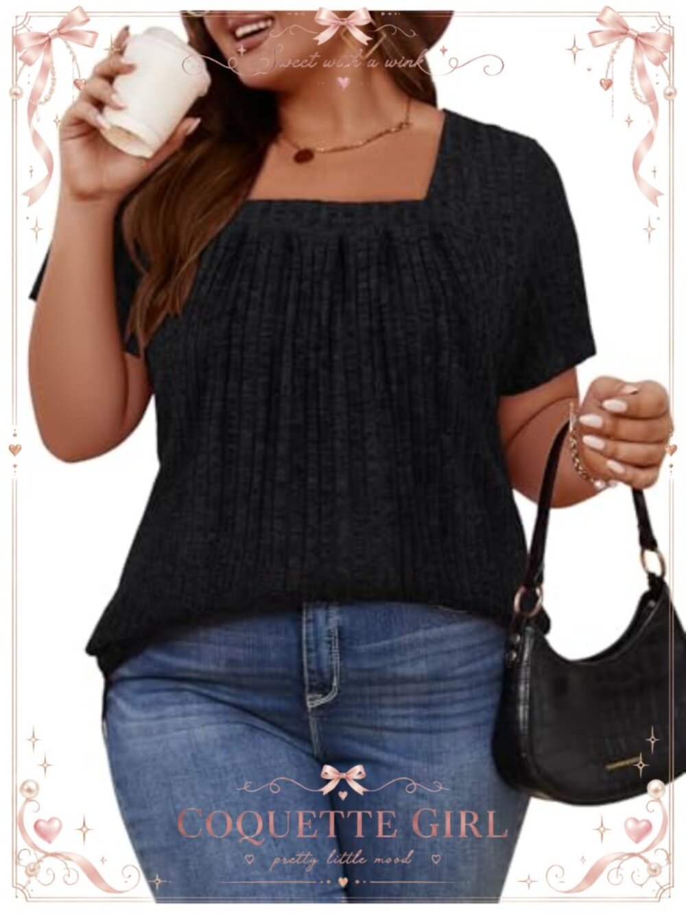 Plus Size Pleated Square Neck Tunic Blouse Short Sleeve Casual Top